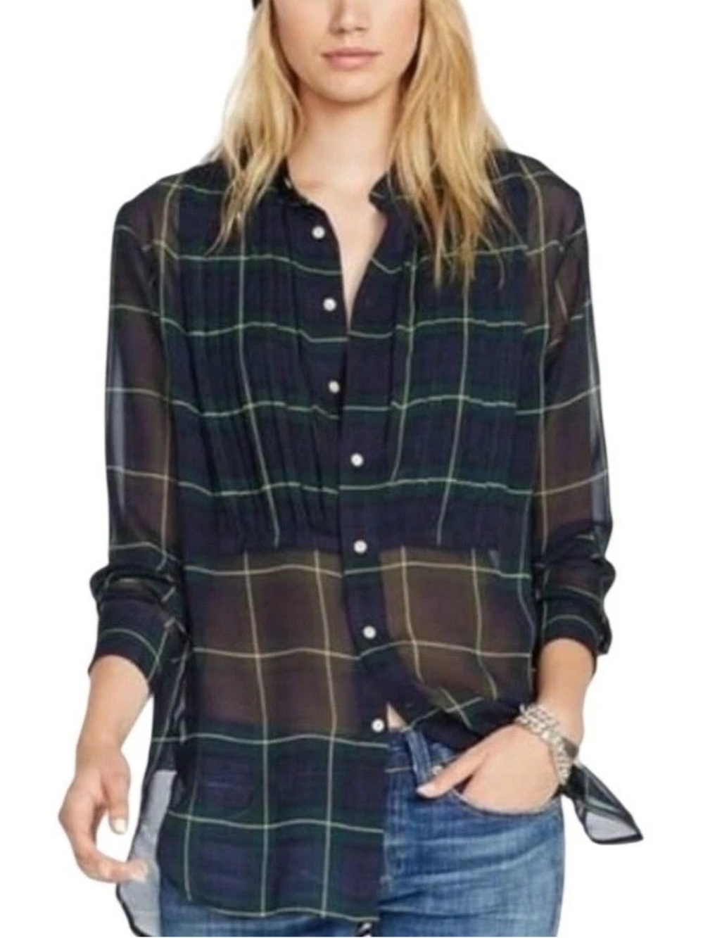 Classic Polo Ralph Lauren Sheer Silk Black Watch Plaid Tartan Print Tunic Blouse